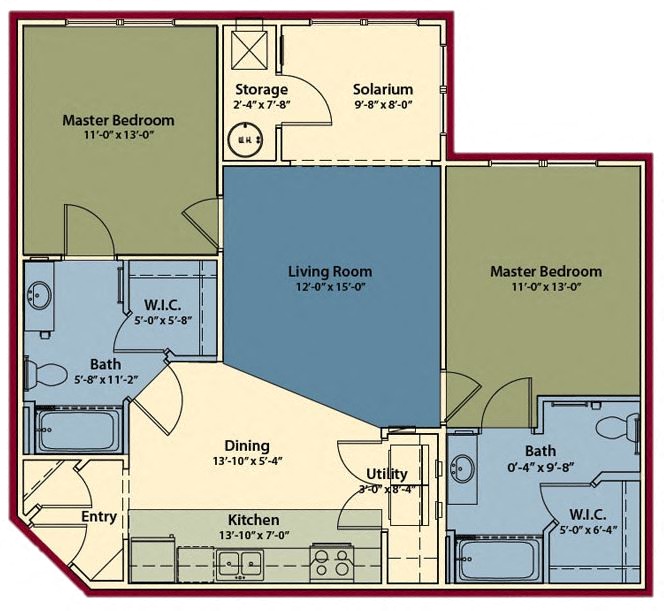 Floor plan for 2 beds, 2 baths, 1054 sqft